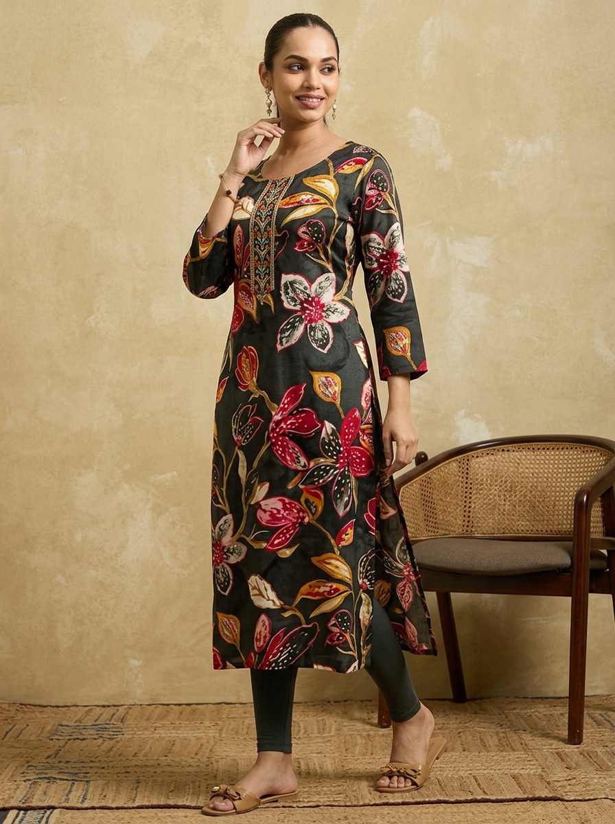 Women Black & Red Floral Printed Straight Kurta