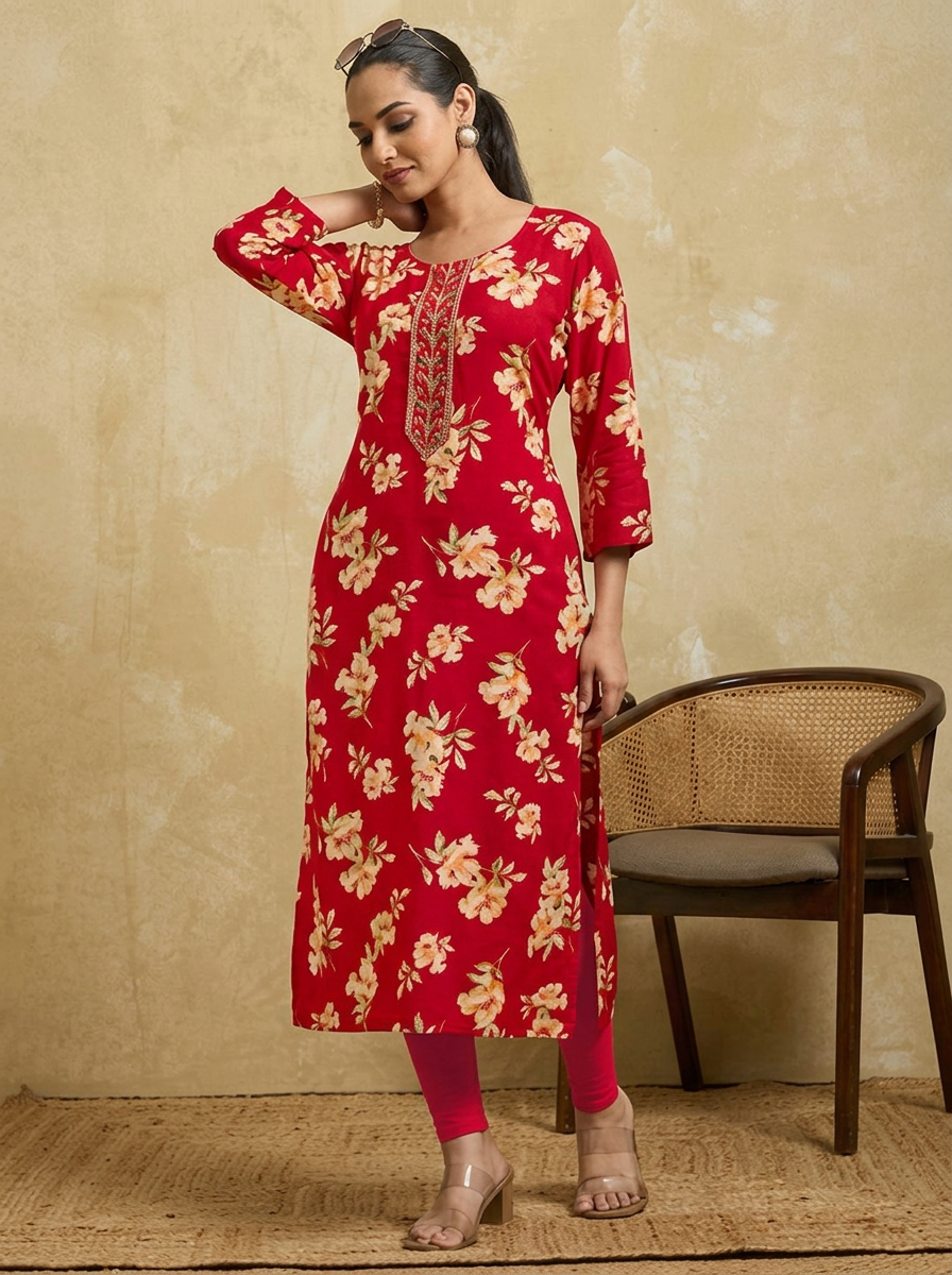 RIVA Women Red & Beige Floral Printed Straight Kurta