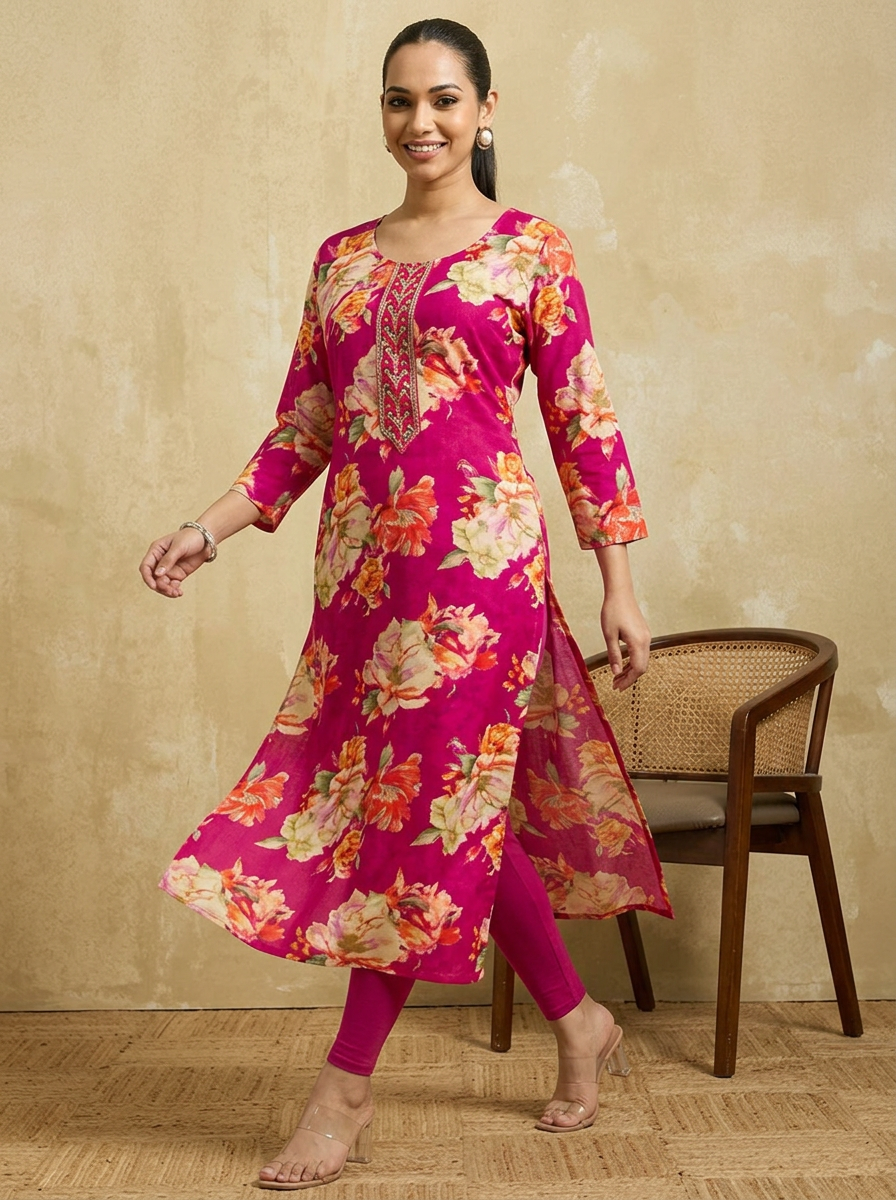 TAVIRA Women Fuchsia Pink & Multicolor Floral Printed Straight Kurta