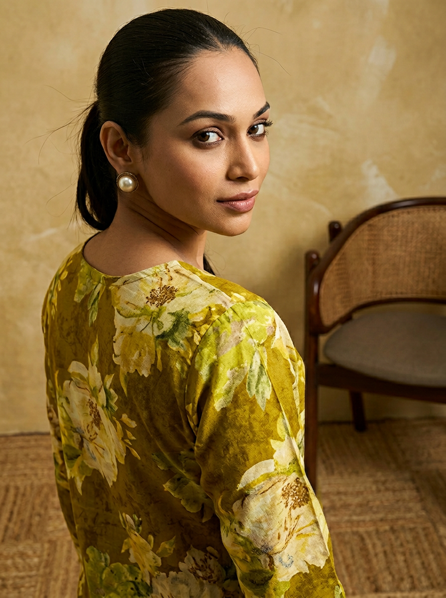 KAVIRA Women Mustard Green & Yellow Floral Printed Straight Kurta