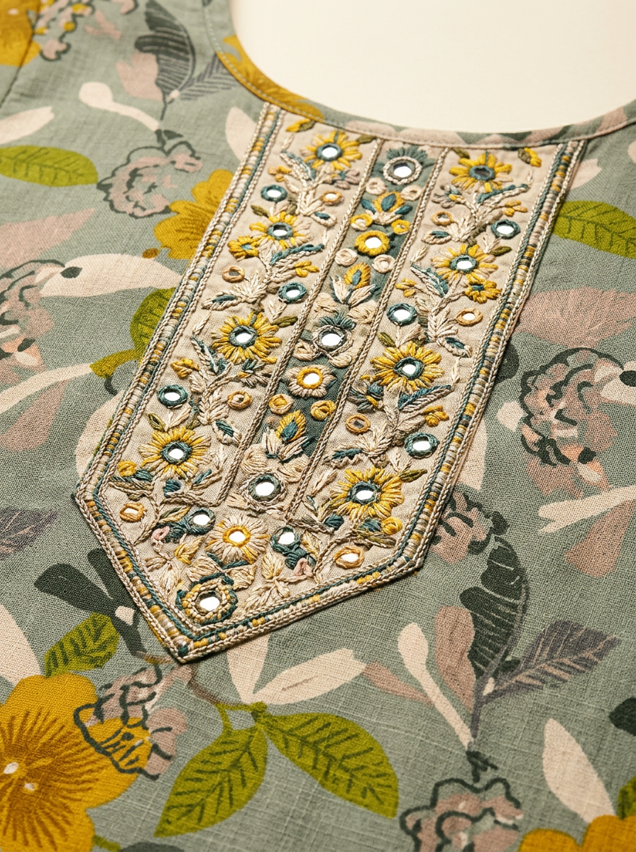 SAGE GREEN FLORAL PRINTED KURTA