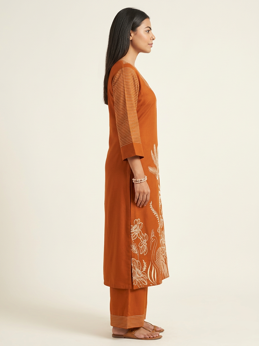 Women Rust Orange Printed Kurta Set with Trousers