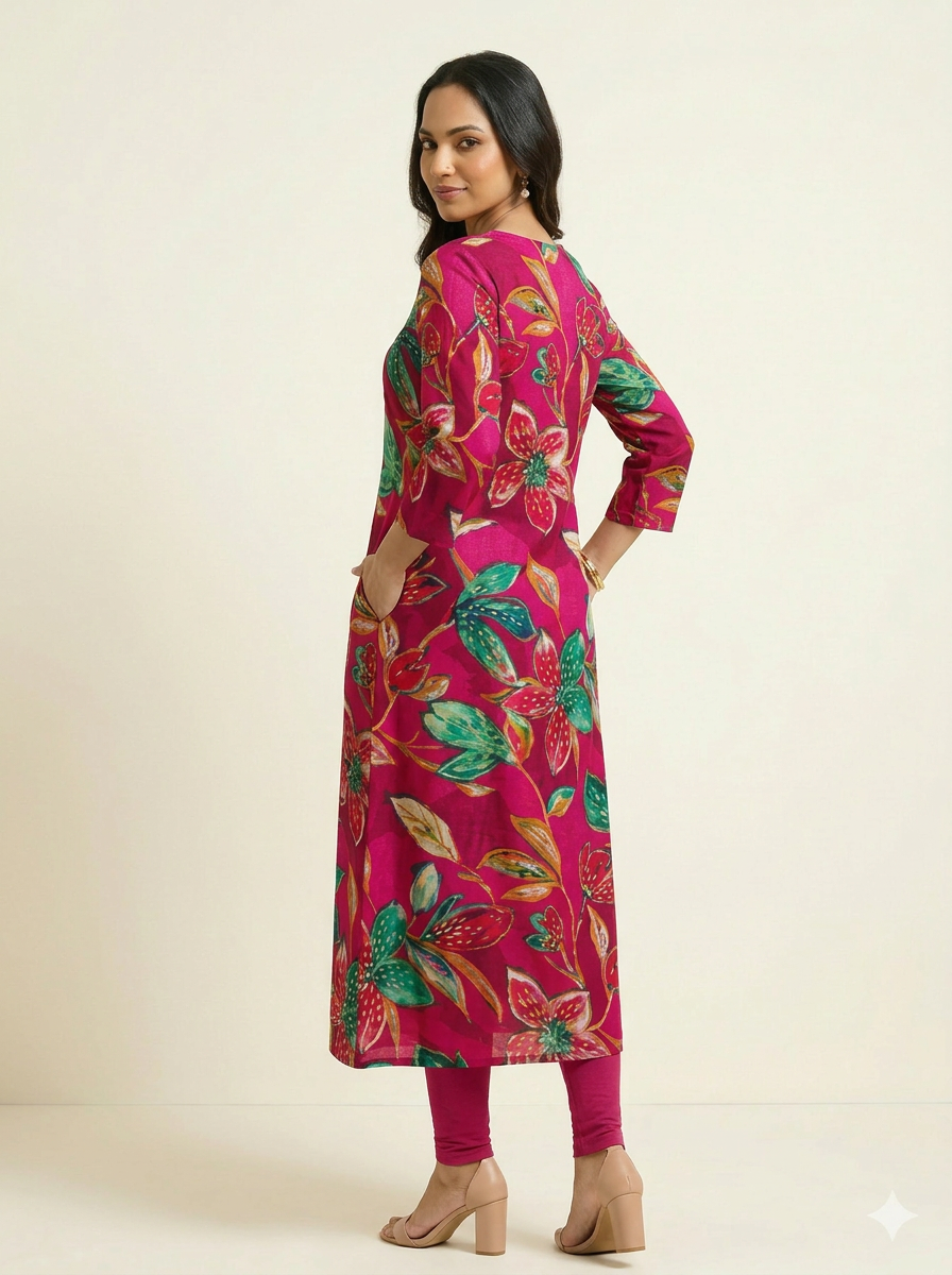 RAVIKA Women Pink & Multicolor Floral Printed Straight Kurta