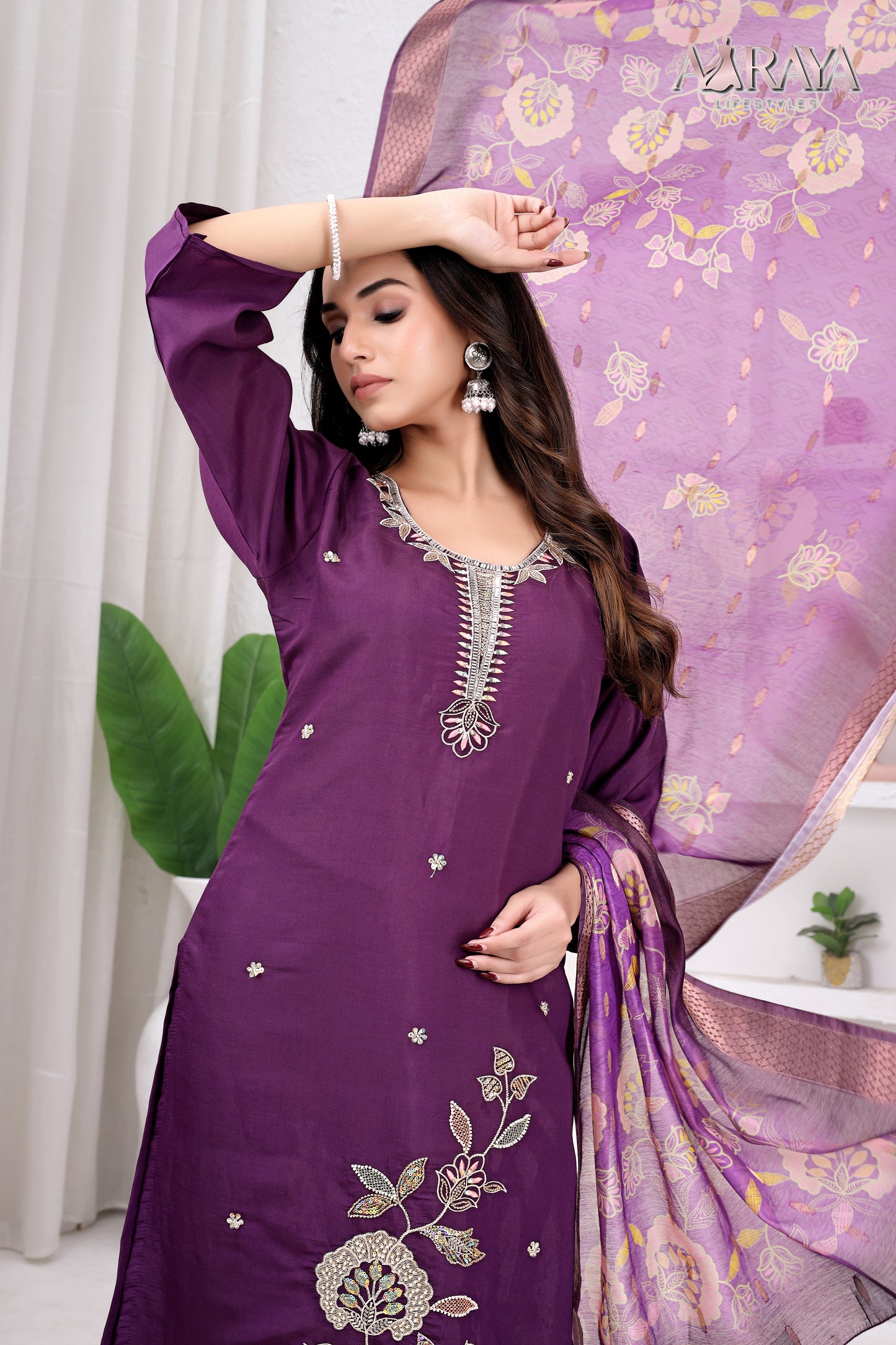 Royal Plum Embroidered Roman Cotton Blend Suit Set