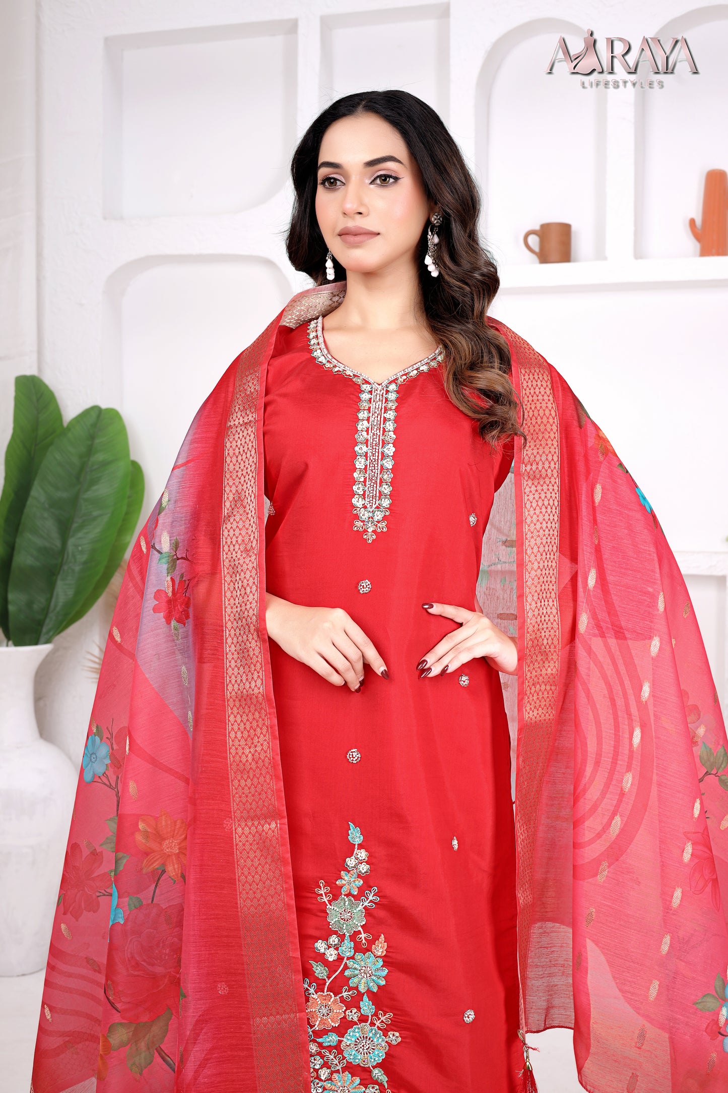 Scarlet Bloom Embroidered Roman Cotton Blend Suit Set