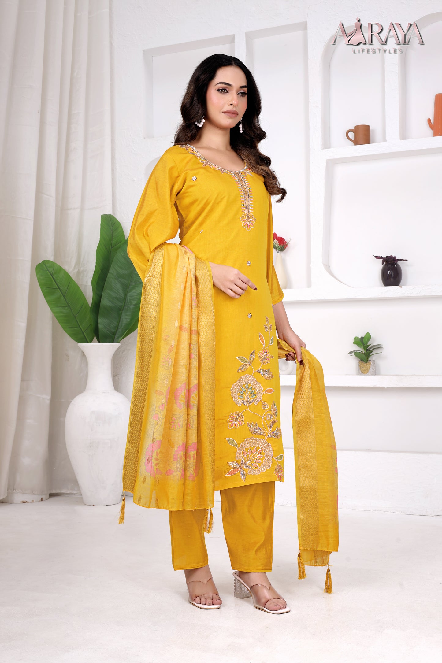 Sunlit Mustard Embroidered Roman Cotton Blend Suit Set