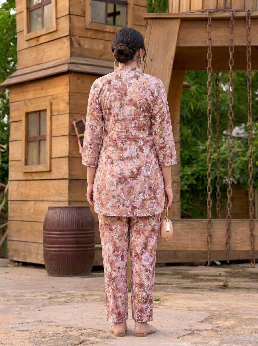 Rosewood Floral Printed Co-Ord Set with Straight Pants