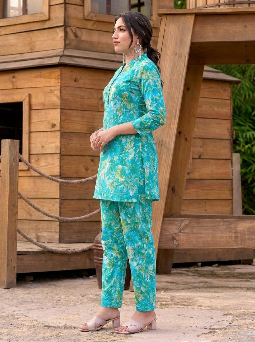Turquoise Bloom Co-ord Set – Floral Printed