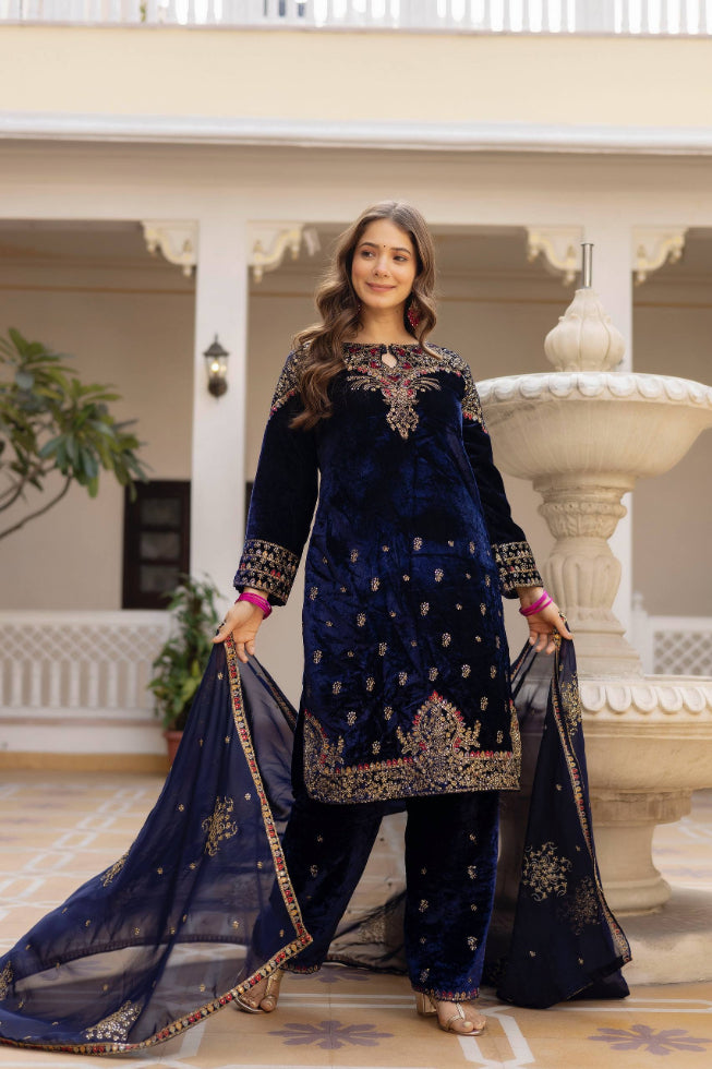 Designer Velvet Kurti, Pant & Dupatta Set