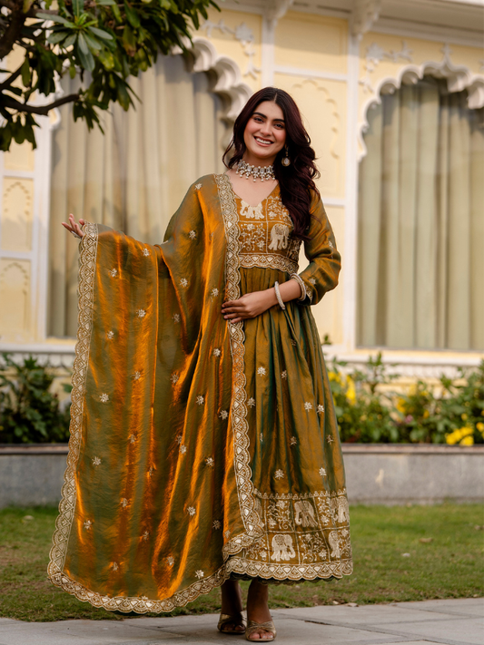 Dual Tone Embroidered Fendy Satin Gown