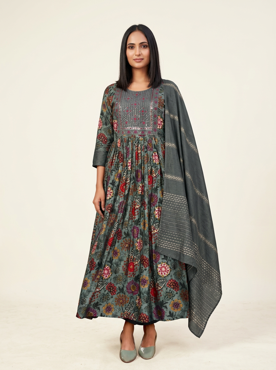 Women Floral Printed Anarkali Kurta with Trousers & Dupatta