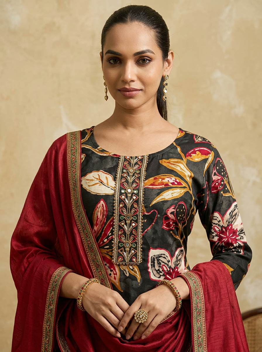 Women Black & Red Floral Printed Straight Kurta