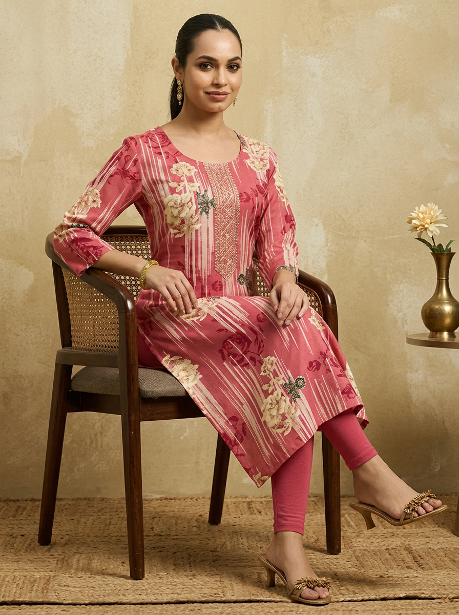 Women Coral Pink & Beige Floral Printed Straight Kurta