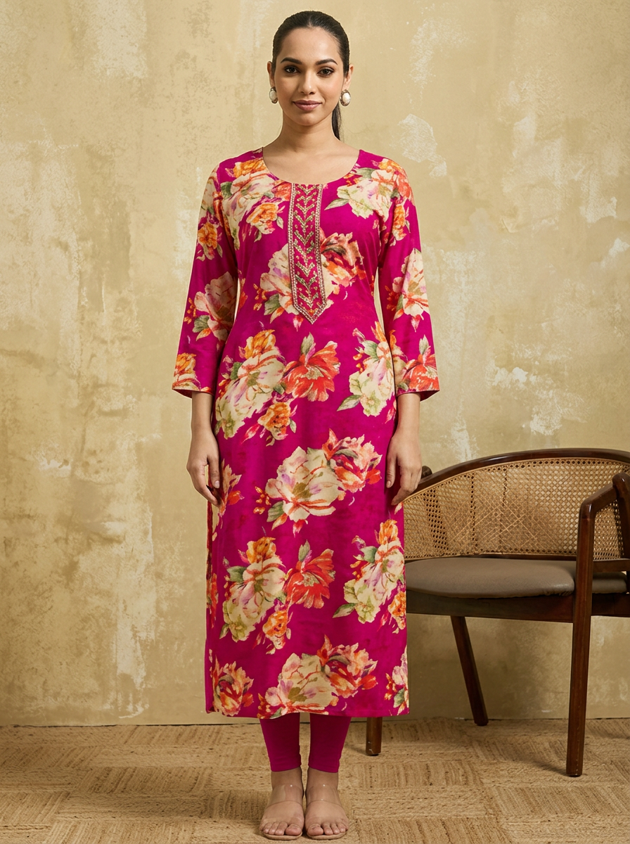 TAVIRA Women Fuchsia Pink & Multicolor Floral Printed Straight Kurta