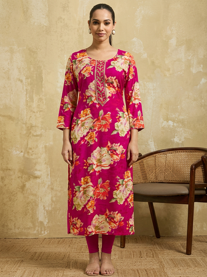 TAVIRA Women Fuchsia Pink & Multicolor Floral Printed Straight Kurta