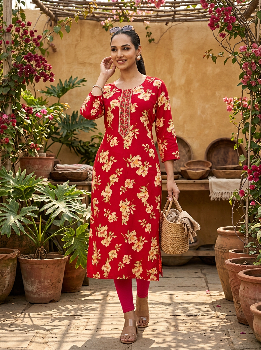 RIVA Women Red & Beige Floral Printed Straight Kurta