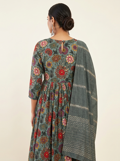 Women Floral Printed Anarkali Kurta with Trousers & Dupatta