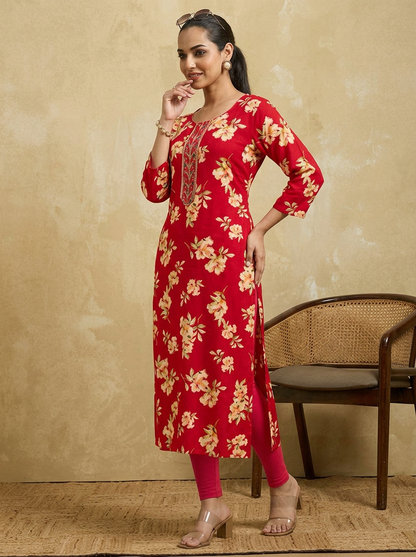 RIVA Women Red & Beige Floral Printed Straight Kurta