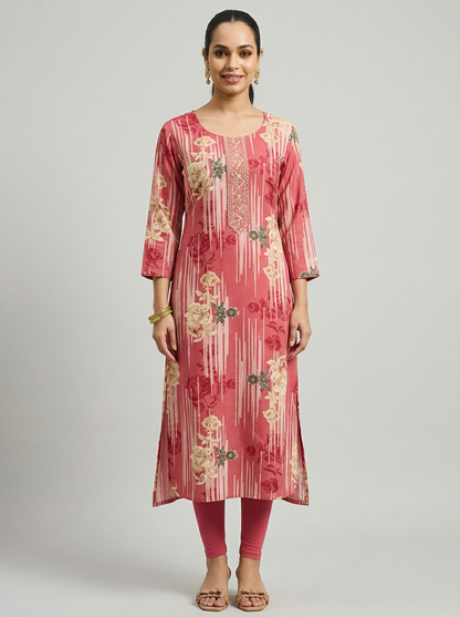 Women Coral Pink & Beige Floral Printed Straight Kurta