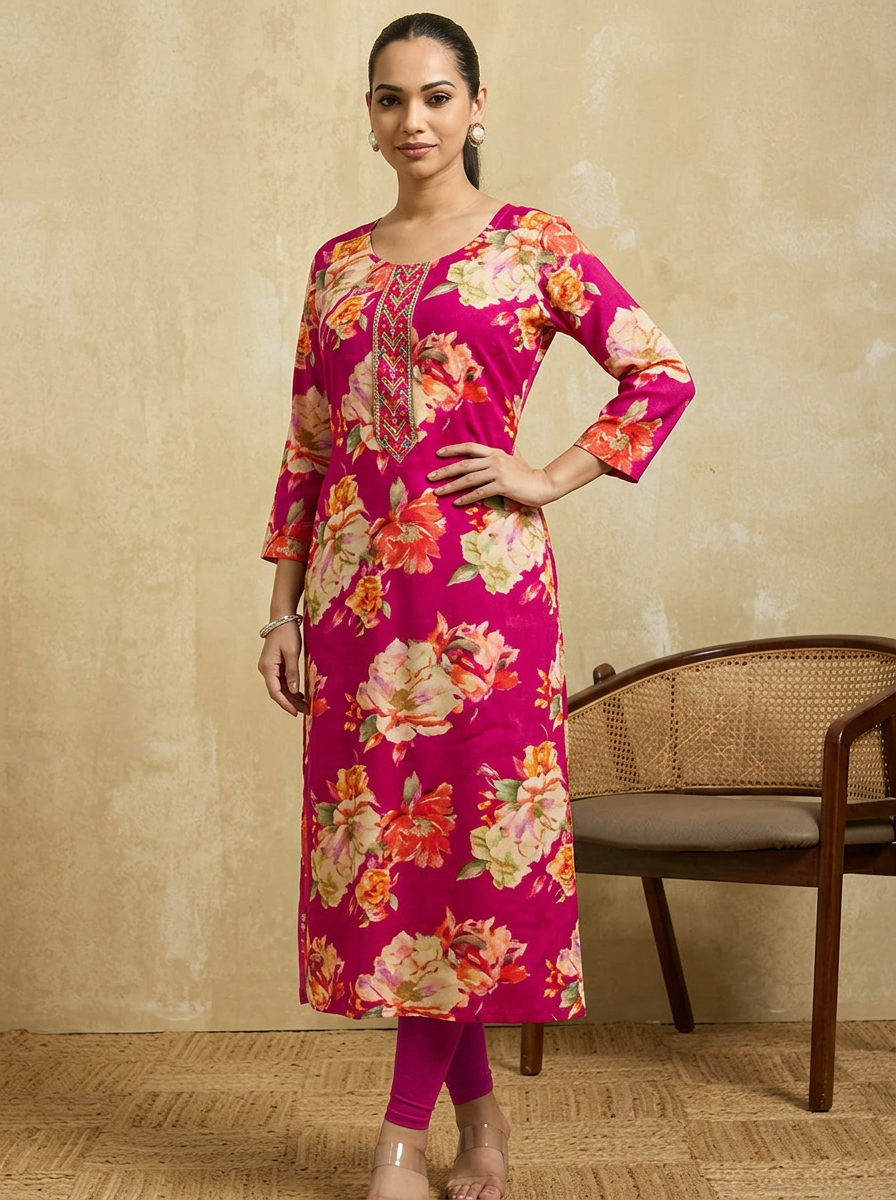 TAVIRA Women Fuchsia Pink & Multicolor Floral Printed Straight Kurta