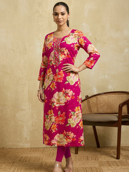 TAVIRA Women Fuchsia Pink & Multicolor Floral Printed Straight Kurta