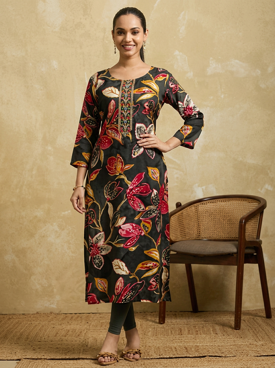 Women Black & Red Floral Printed Straight Kurta