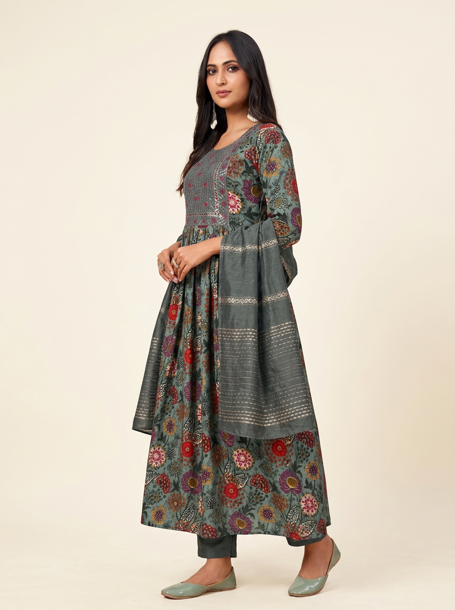 Women Floral Printed Anarkali Kurta with Trousers & Dupatta