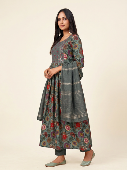 Women Floral Printed Anarkali Kurta with Trousers & Dupatta