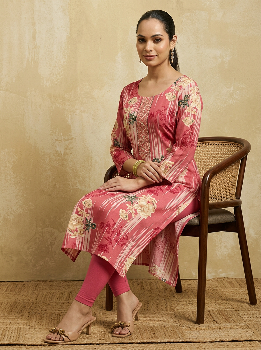 Women Coral Pink & Beige Floral Printed Straight Kurta