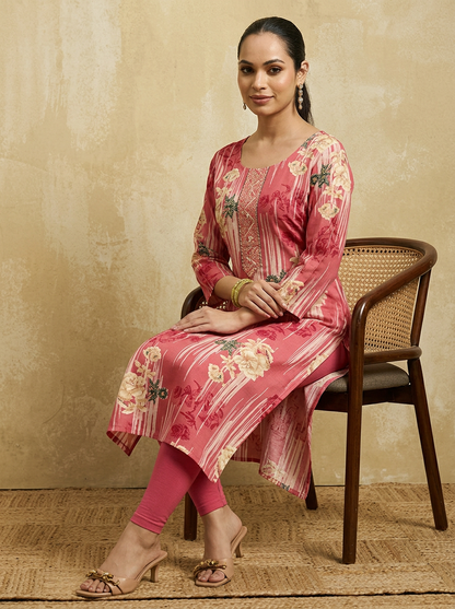 Women Coral Pink & Beige Floral Printed Straight Kurta
