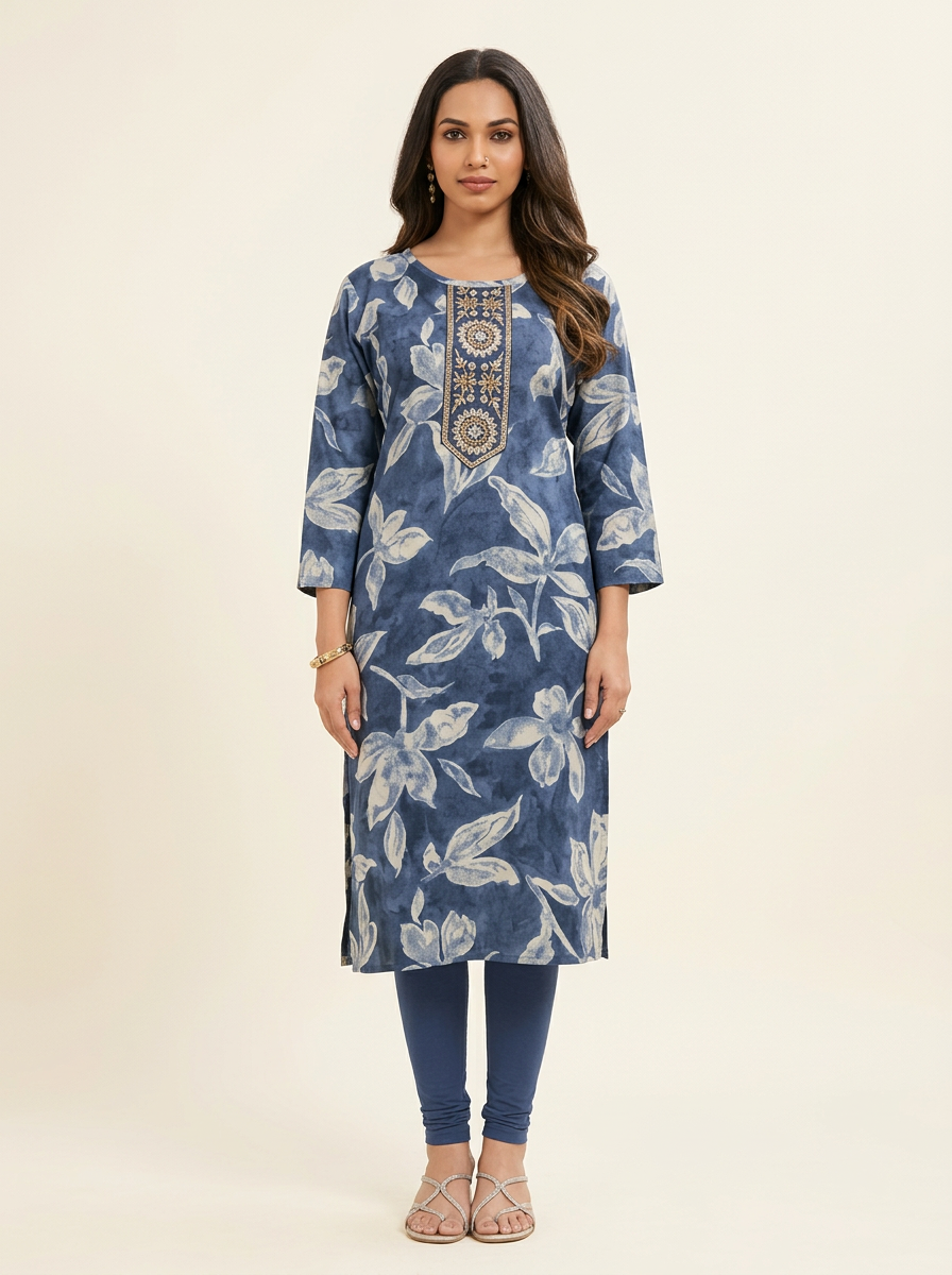 INDIGO FLORAL PRINTED KURTA