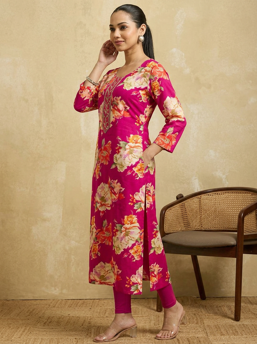 TAVIRA Women Fuchsia Pink & Multicolor Floral Printed Straight Kurta