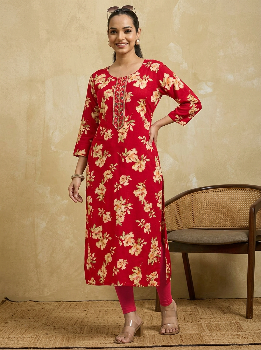 RIVA Women Red & Beige Floral Printed Straight Kurta