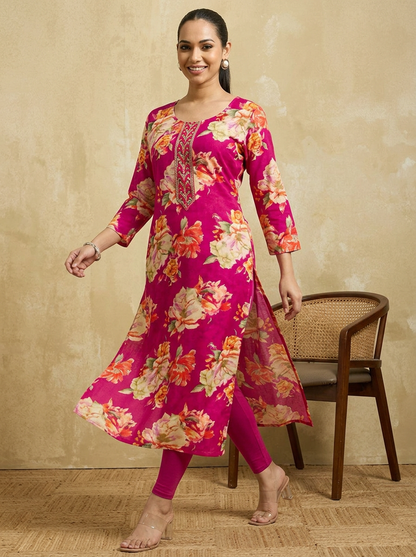 TAVIRA Women Fuchsia Pink & Multicolor Floral Printed Straight Kurta