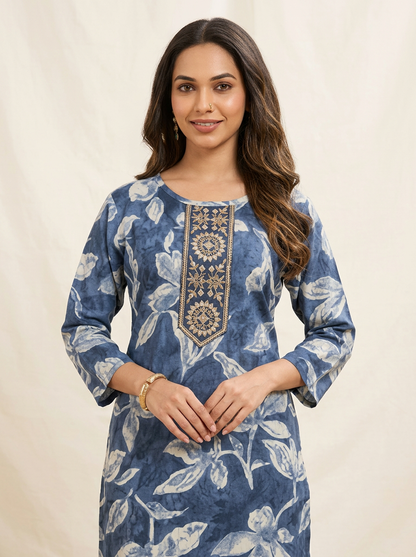 INDIGO FLORAL PRINTED KURTA