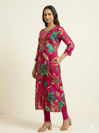 RAVIKA Women Pink & Multicolor Floral Printed Straight Kurta