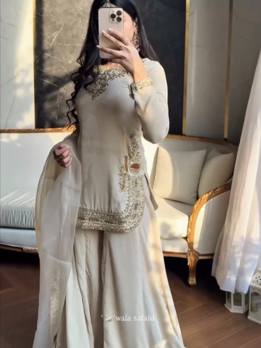 AYZARA Party Wear Chinon Silk Top, Palazzo & Dupatta Set