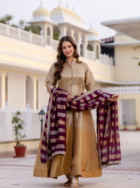 Rang Kasumbi Banarasi Gown Set with Pant & Dupatta