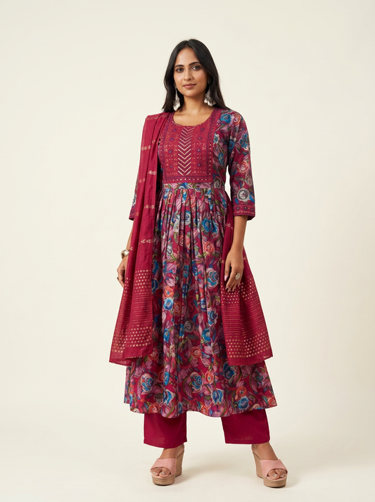 GULRAANG Women Floral Printed Anarkali Kurta Set with Trousers & Dupatta