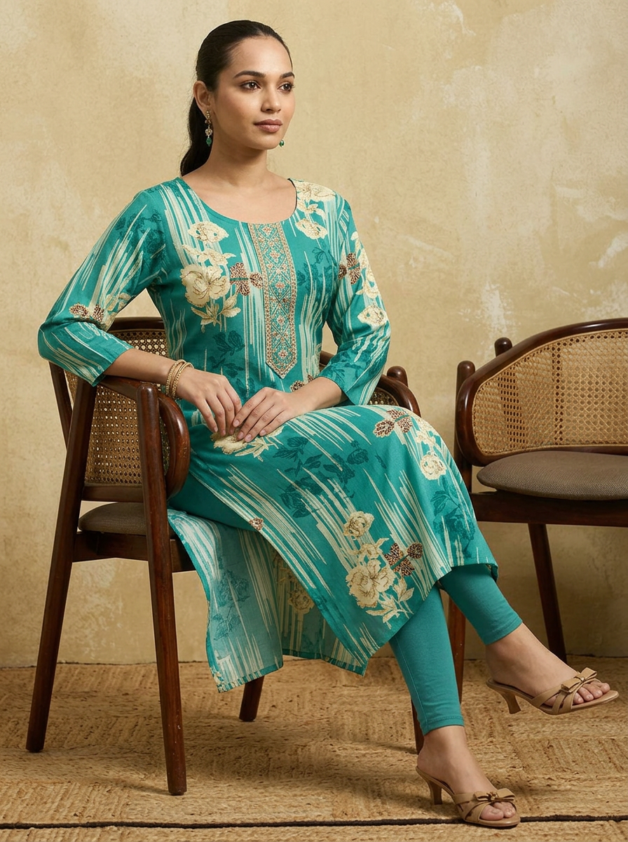 KALINI Women Teal Green & Beige Floral Printed Straight Kurta