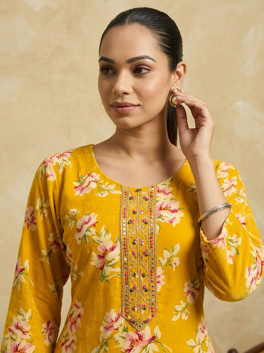 ANVIRA Women Mustard & Pink Floral Printed Straight Kurta
