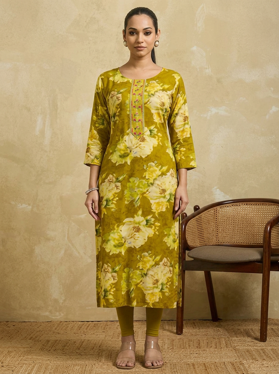 KAVIRA Women Mustard Green & Yellow Floral Printed Straight Kurta
