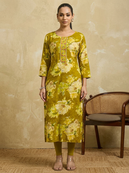 KAVIRA Women Mustard Green & Yellow Floral Printed Straight Kurta