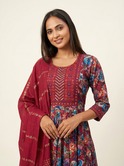 GULRAANG Women Floral Printed Anarkali Kurta Set with Trousers & Dupatta