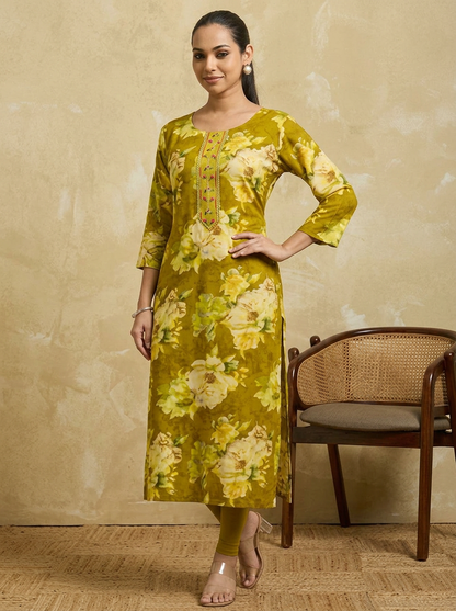 KAVIRA Women Mustard Green & Yellow Floral Printed Straight Kurta