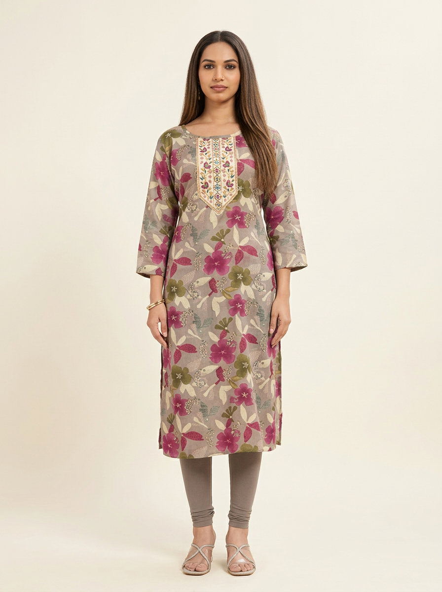 TAUPE FLORAL PRINTED KURTA