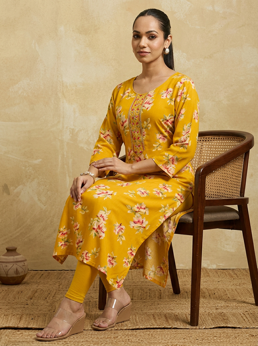 ANVIRA Women Mustard & Pink Floral Printed Straight Kurta