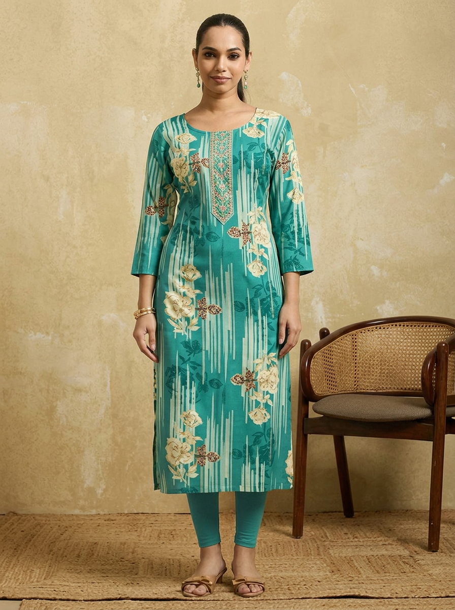 KALINI Women Teal Green & Beige Floral Printed Straight Kurta