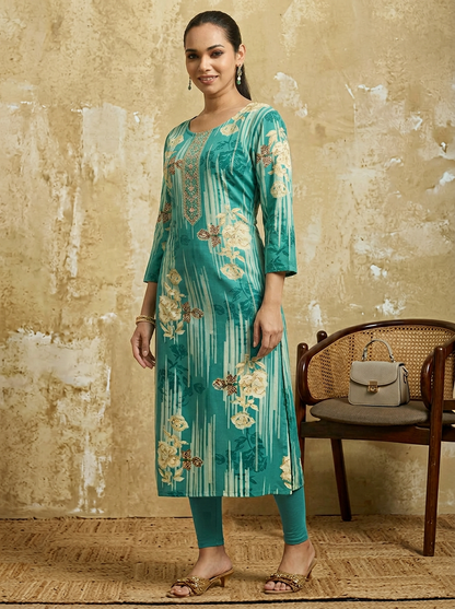KALINI Women Teal Green & Beige Floral Printed Straight Kurta