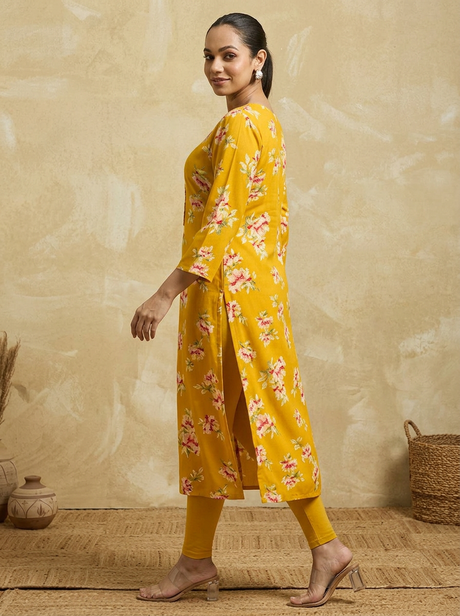 ANVIRA Women Mustard & Pink Floral Printed Straight Kurta